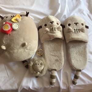 Pack of slippers, key chain, and pusheen plush